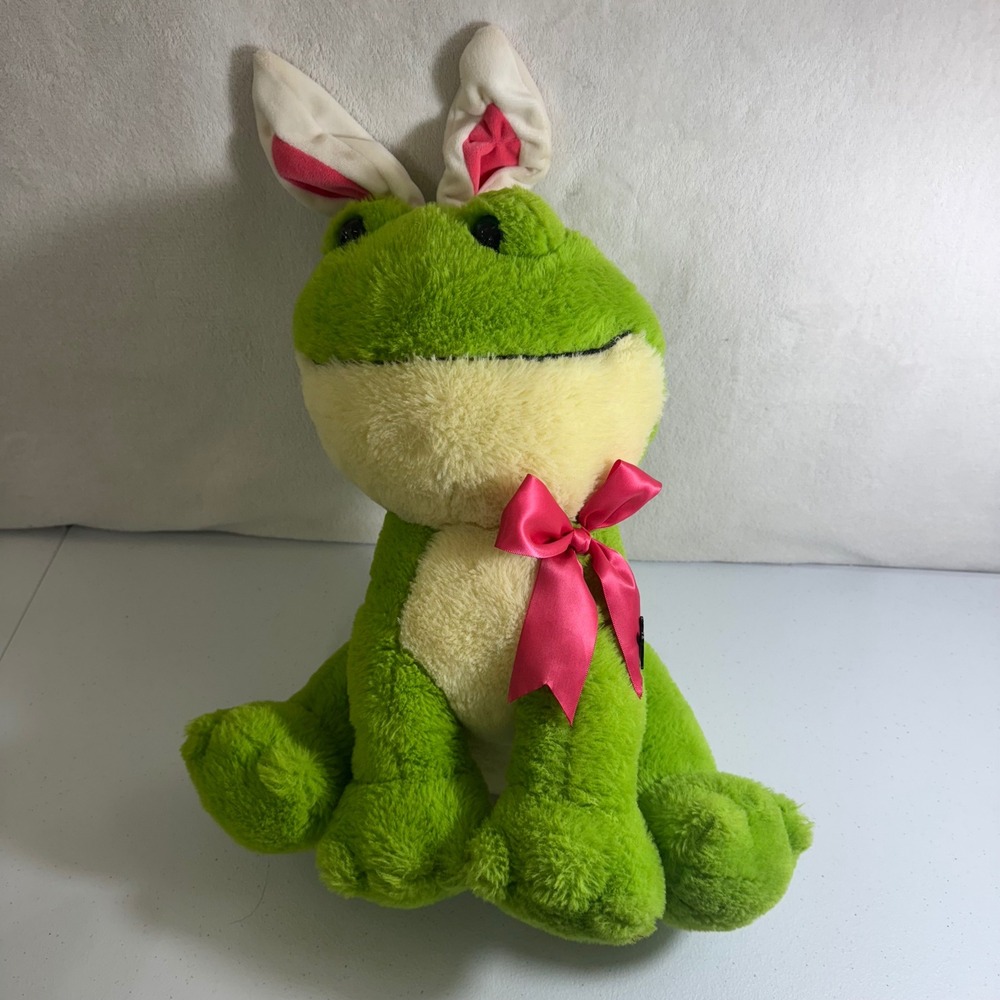 Cute Frog girl Plush Toy Easter‎ Bunny Ears Pink Bow Green Cream